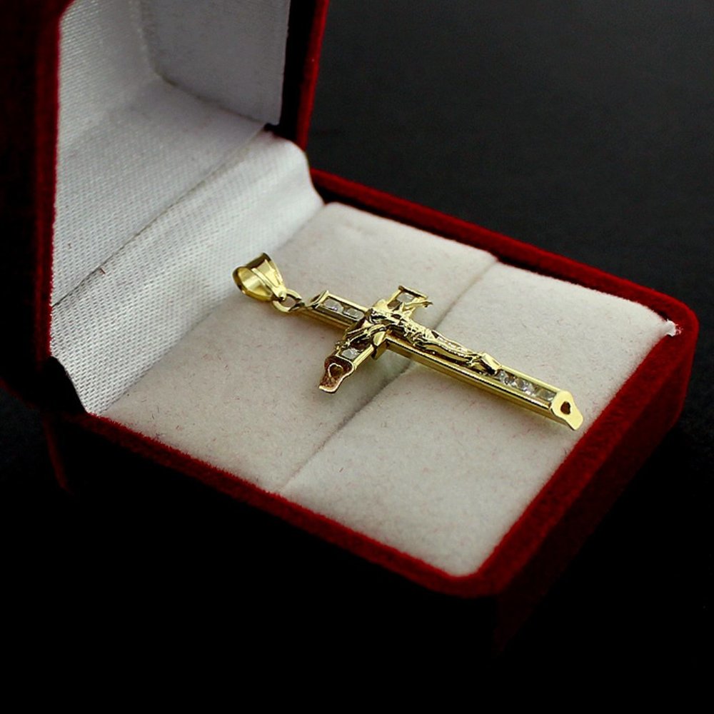 Real 10K Yellow Gold CZ Cross Pendant & 2mm Rope Chain Set - Picture 2 of 7